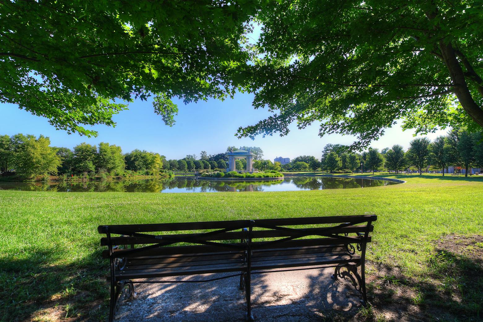 St Louis park bench and grass representing Bayer settling Roundup cancer claims.