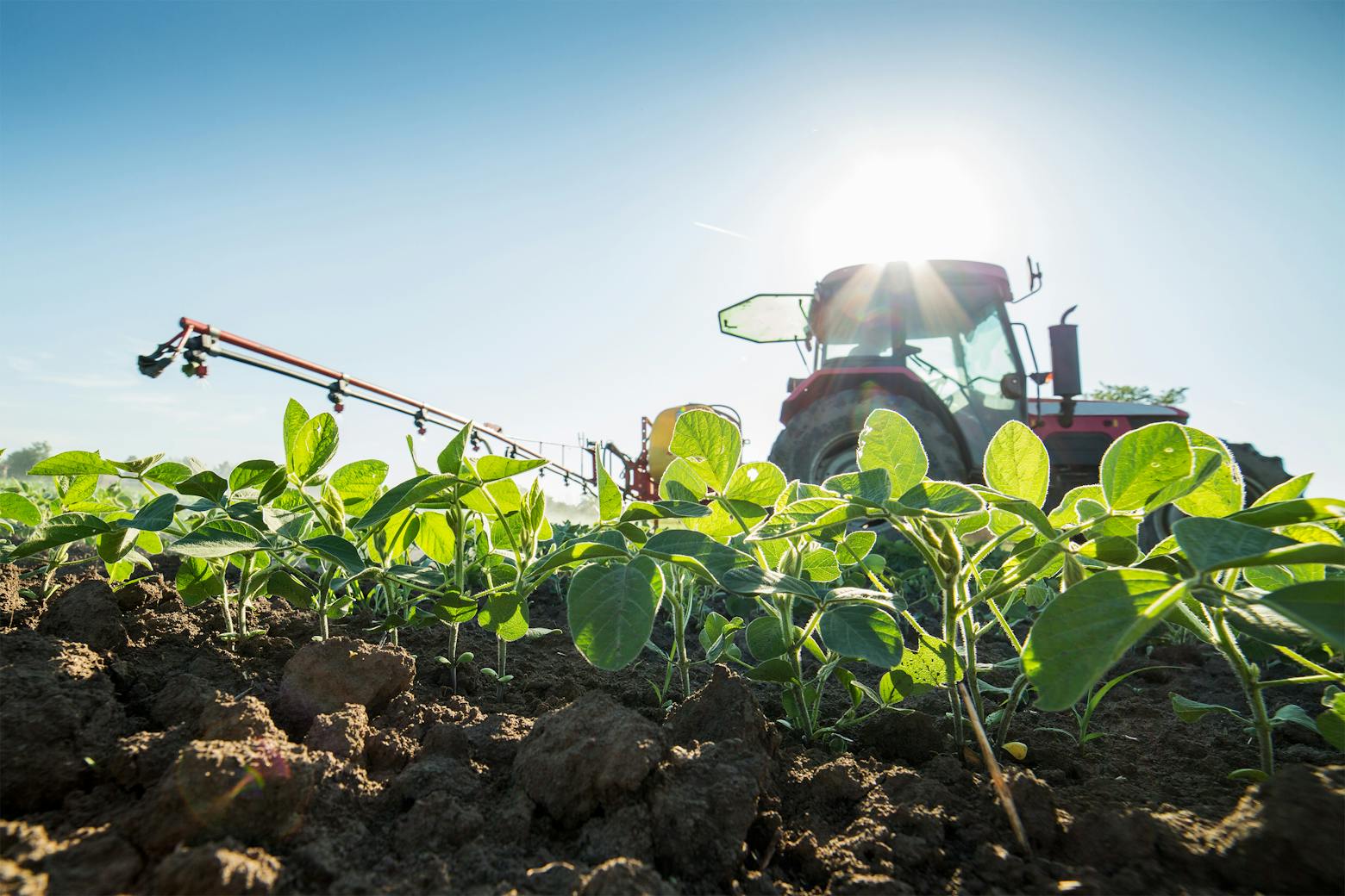 A vehicle on a farm spraying plants with Roundup weedkiller containing glyphosate.