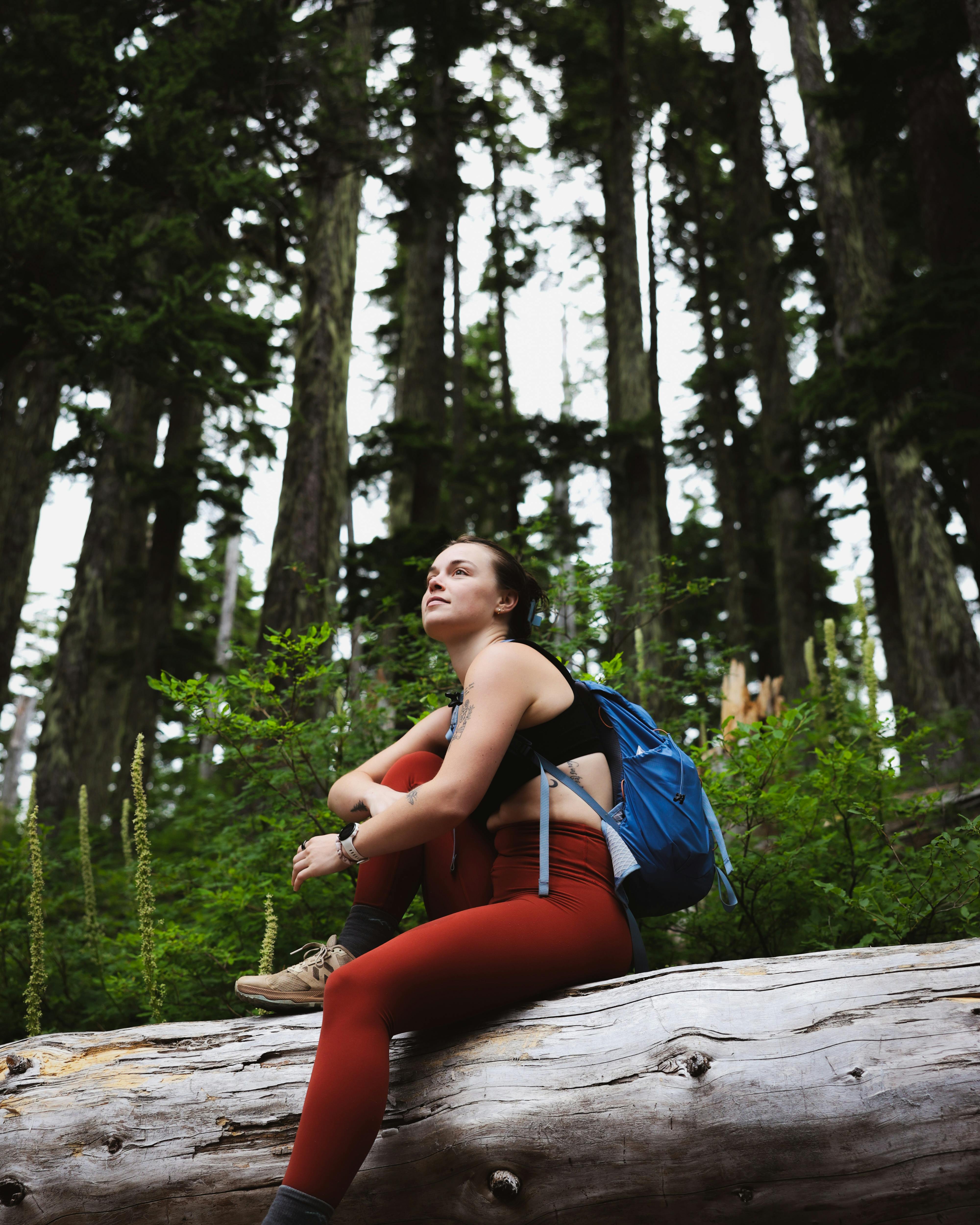 woman sitting on a tree staring off into the distance