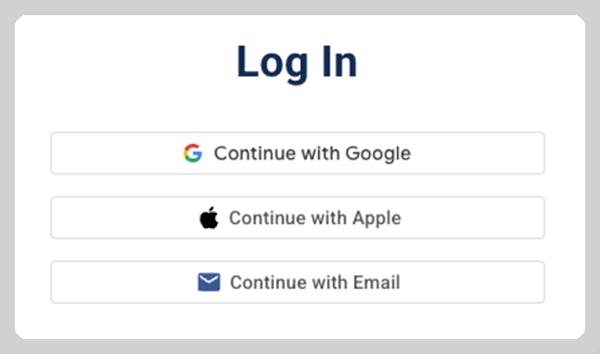 Login quickly with Google, Apple, or a one-time email code.