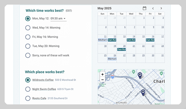 An easy response page makes finding a time and place simple.