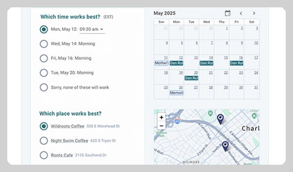 An easy response page makes finding a time and place simple.