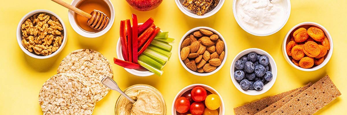 a delicious spread of healthy snacks for remote or home workers that need good energy