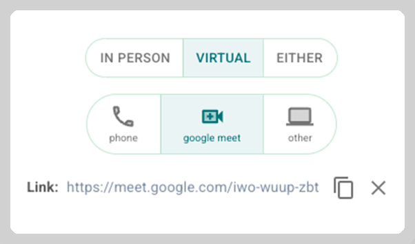 Meetify adds a Google Meet link automatically with Google Meet integration.