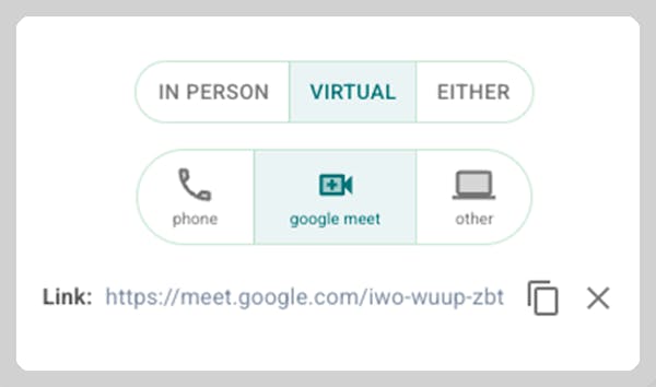 Meetify adds a Google Meet link automatically with Google Meet integration.