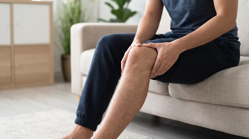 Mann greift sich an sein schmerzendes Knie.
