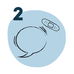 Sprechblase und Pflaster Icon vor blauem Kreis.