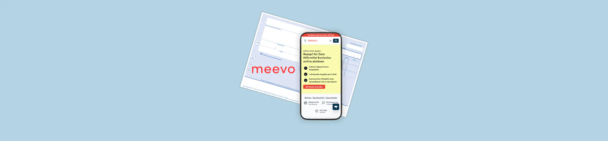 Bild von einem Privatrezept, einem Handy und unserem Firmenlogo meevo