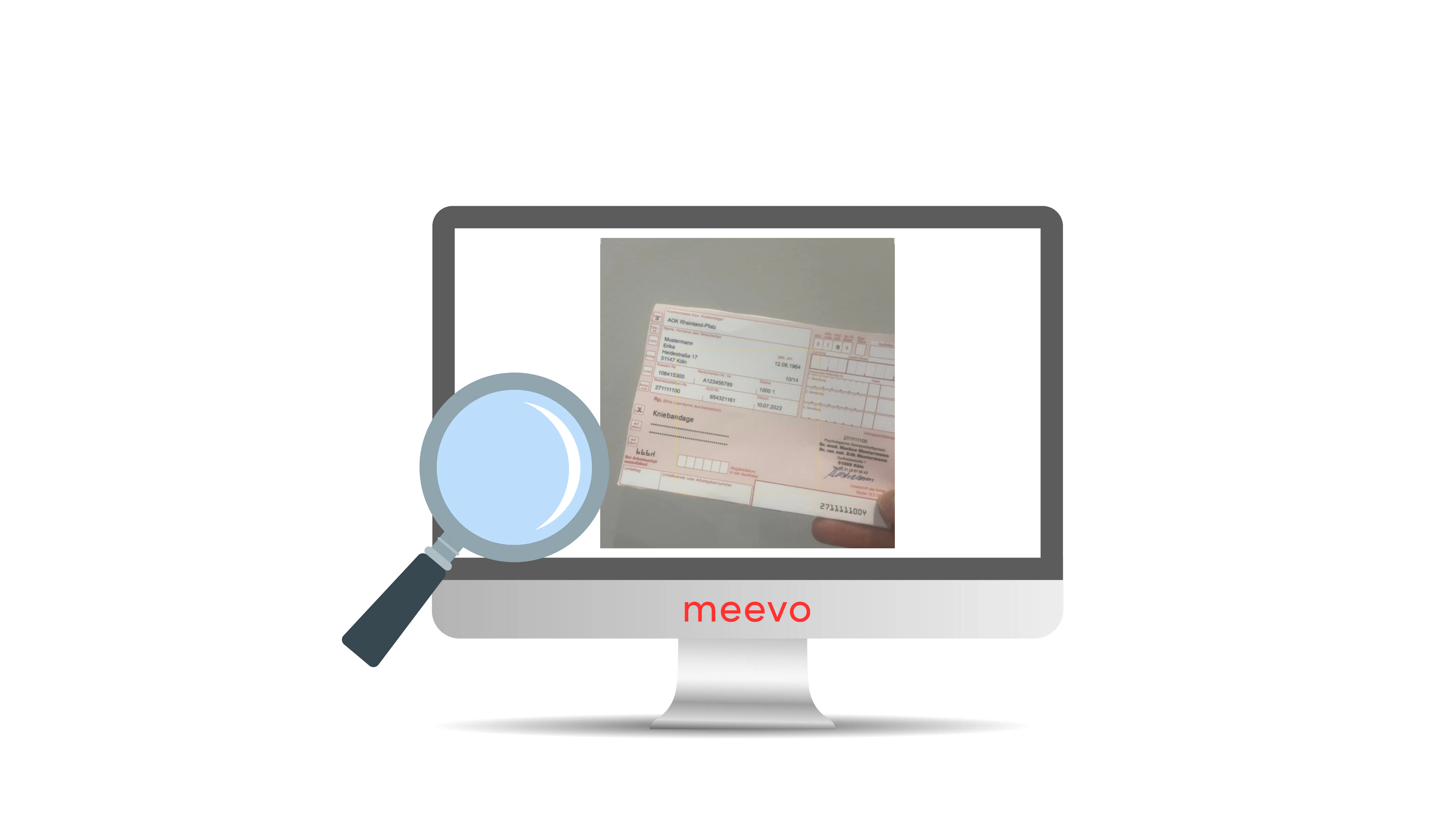 Lupe untersucht Rezeptfoto auf dem Computerbildschirm