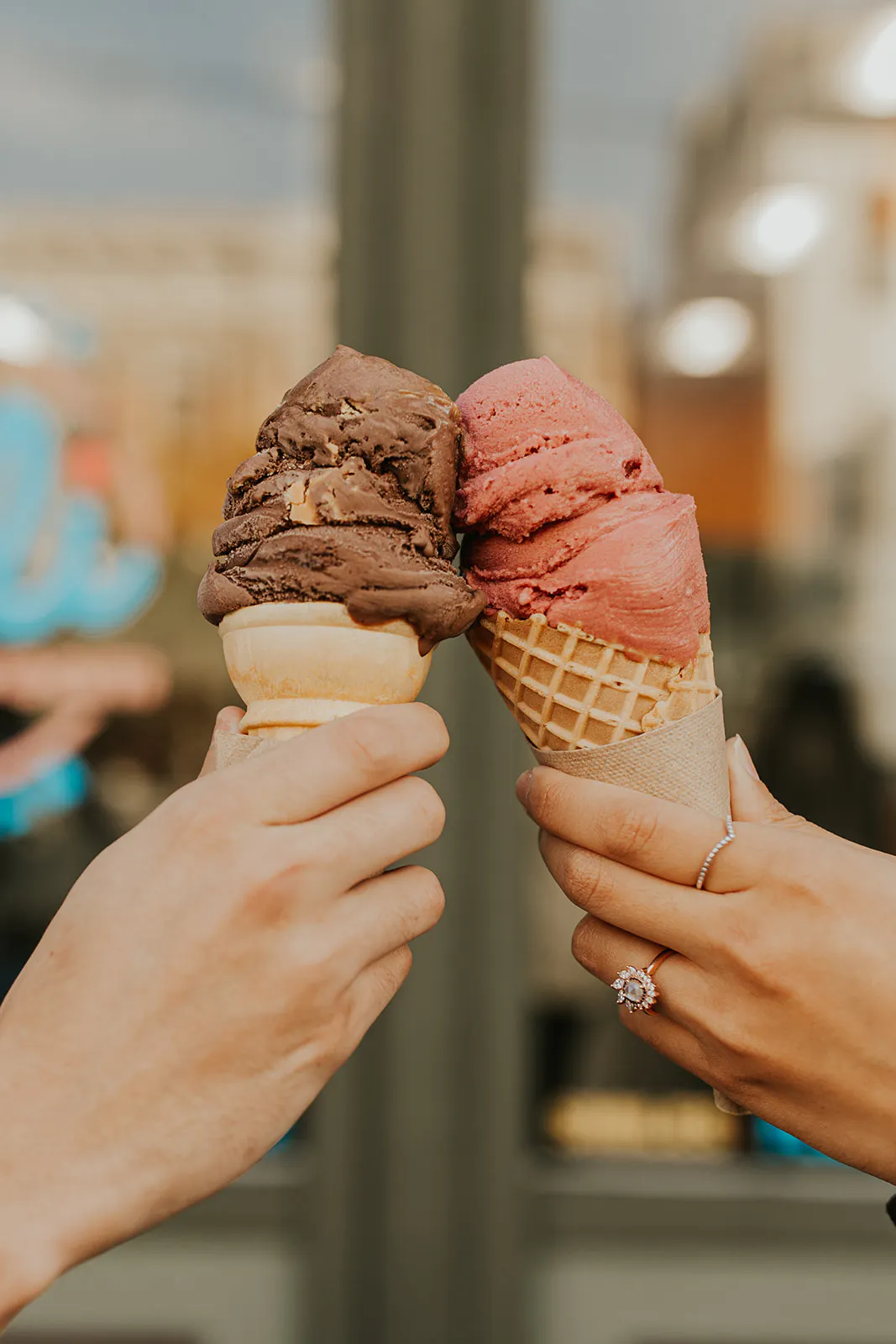 Couple shares Ice Cream and shows off the brides engagement ring at Cali Cream Ice Cream in San Diego