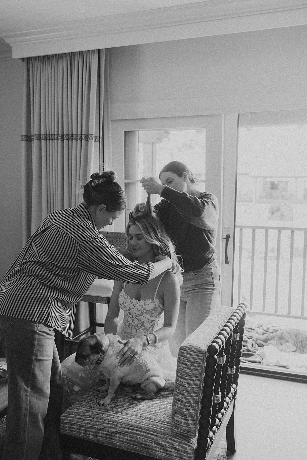 La Jolla Bride getting ready for wedding day with her dog