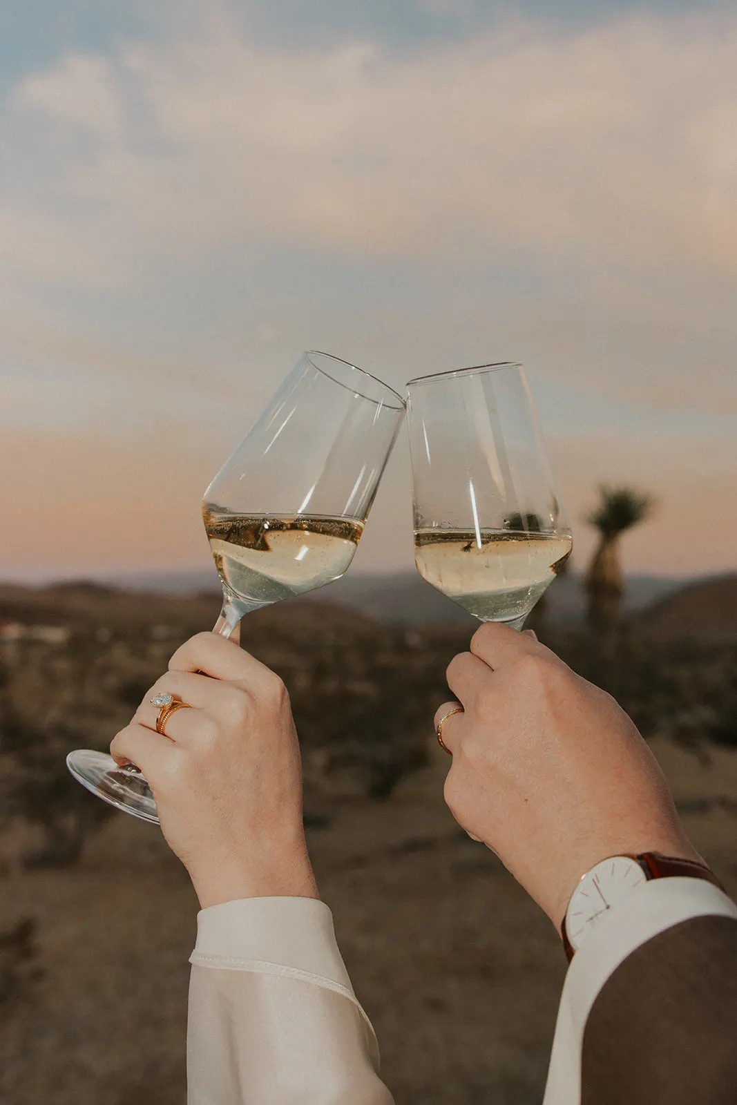 Australian couple shares a cheers after their elopement in Joshua Tree