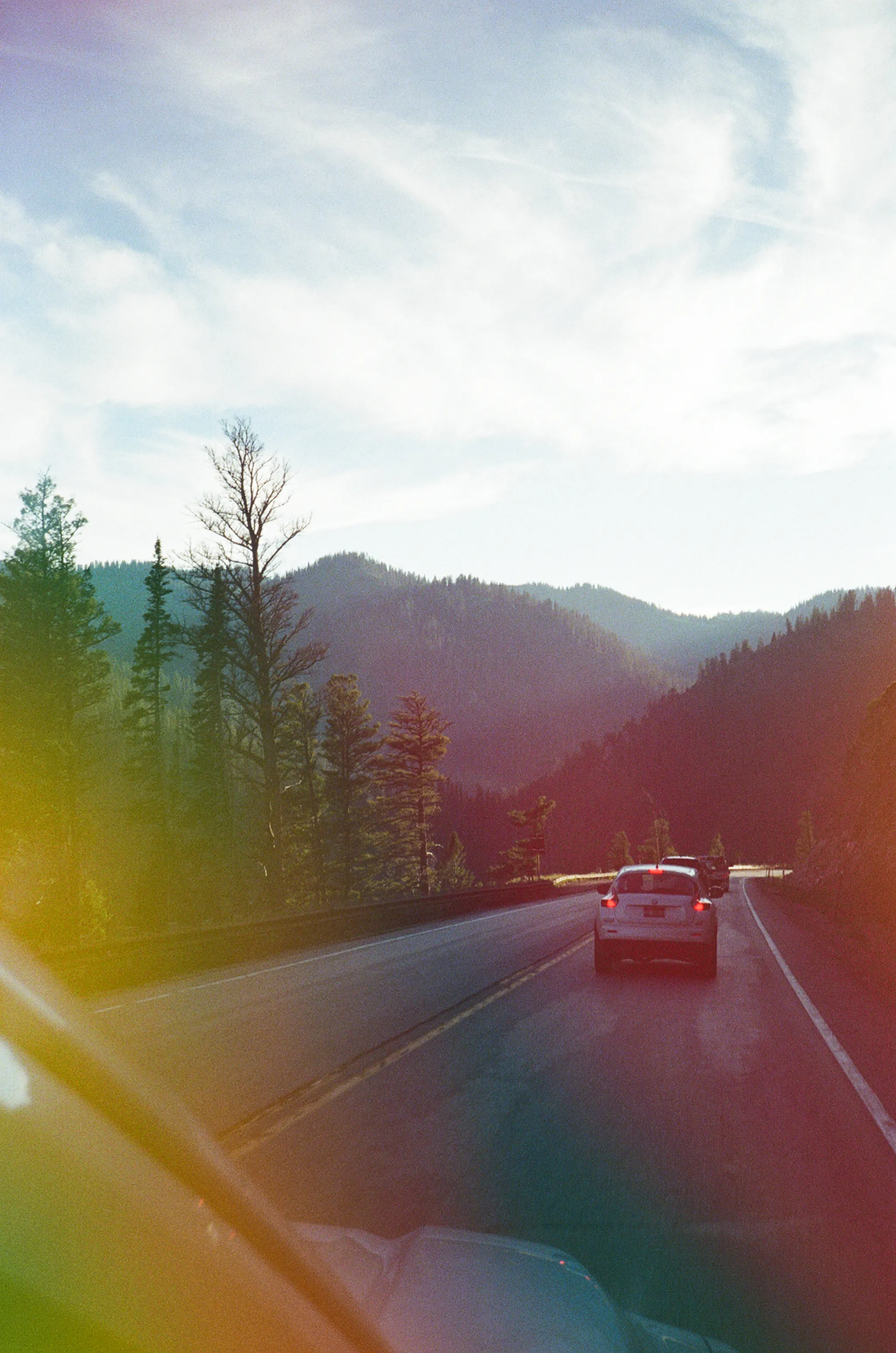 Colorful film photo during a drive through the mountains of idaho