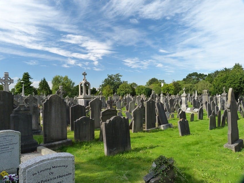 cimetière arboré et enherbé avec stèles