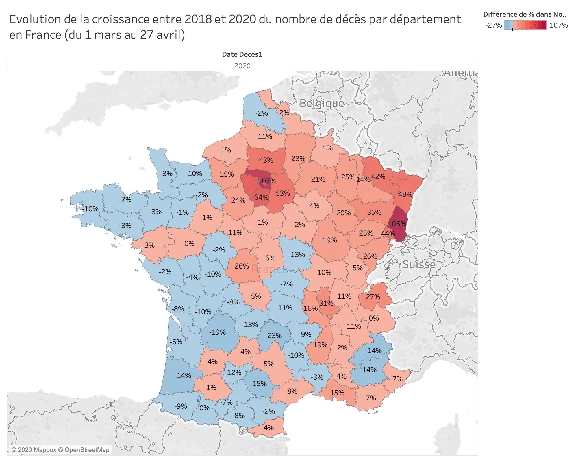 Evolution de la croissance entre 2018 et 2020 du nombre de décès par département en France (du 1 mars au 27 avril)