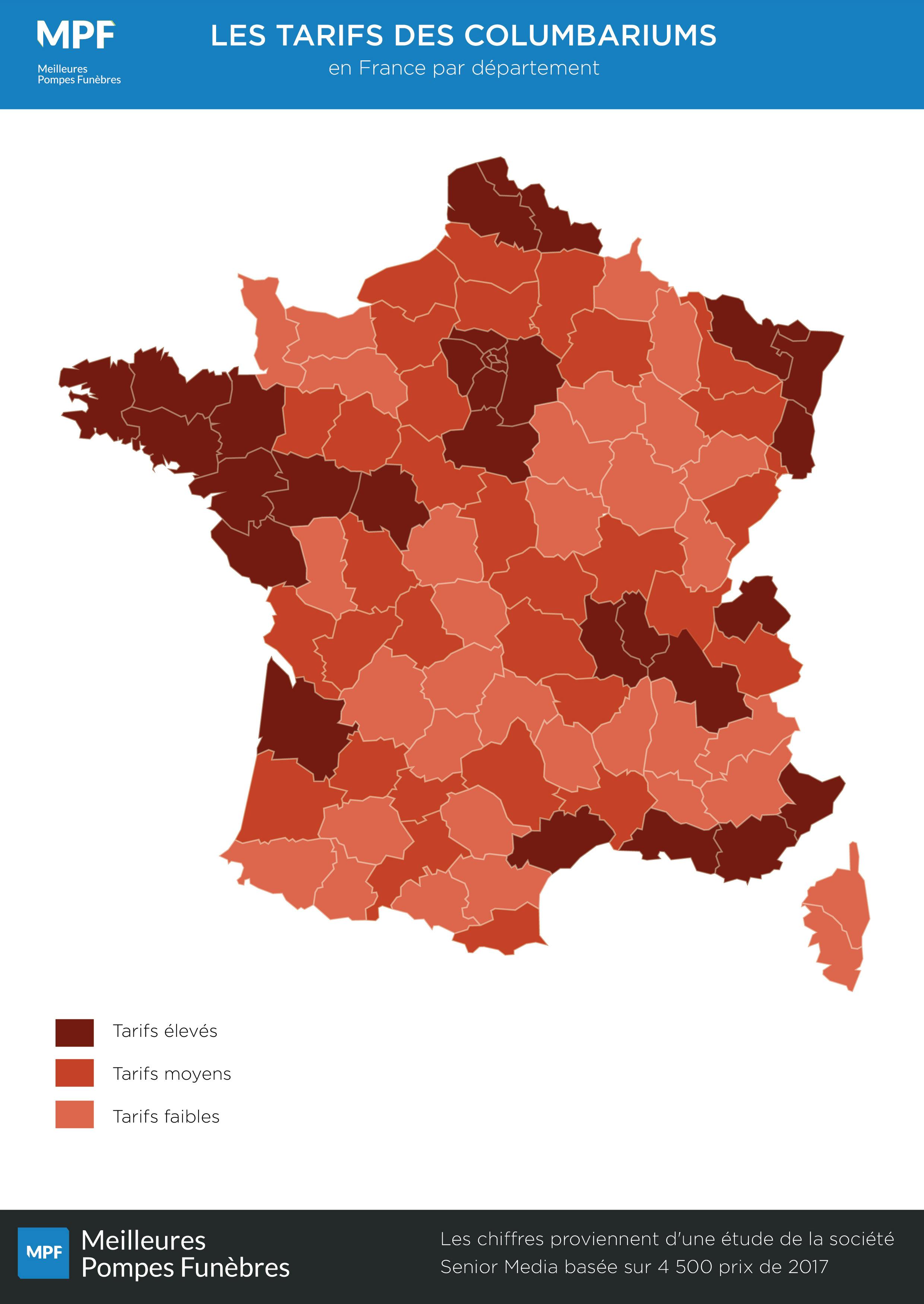 carte de la France avec les tarifs des columbariums  par département