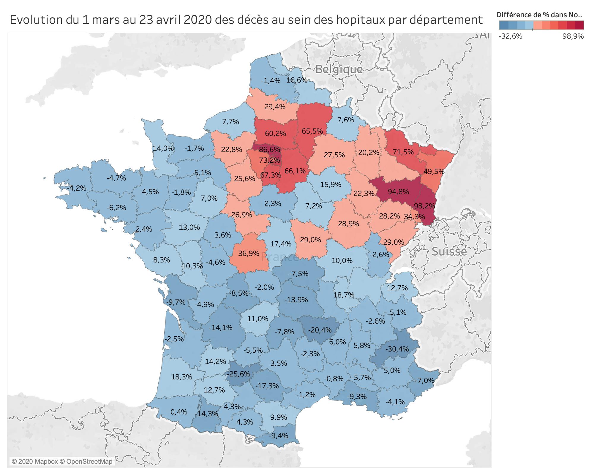 Évolution du 1 mars au 23 avril 2020 des décès au sein des hôpitaux par département
