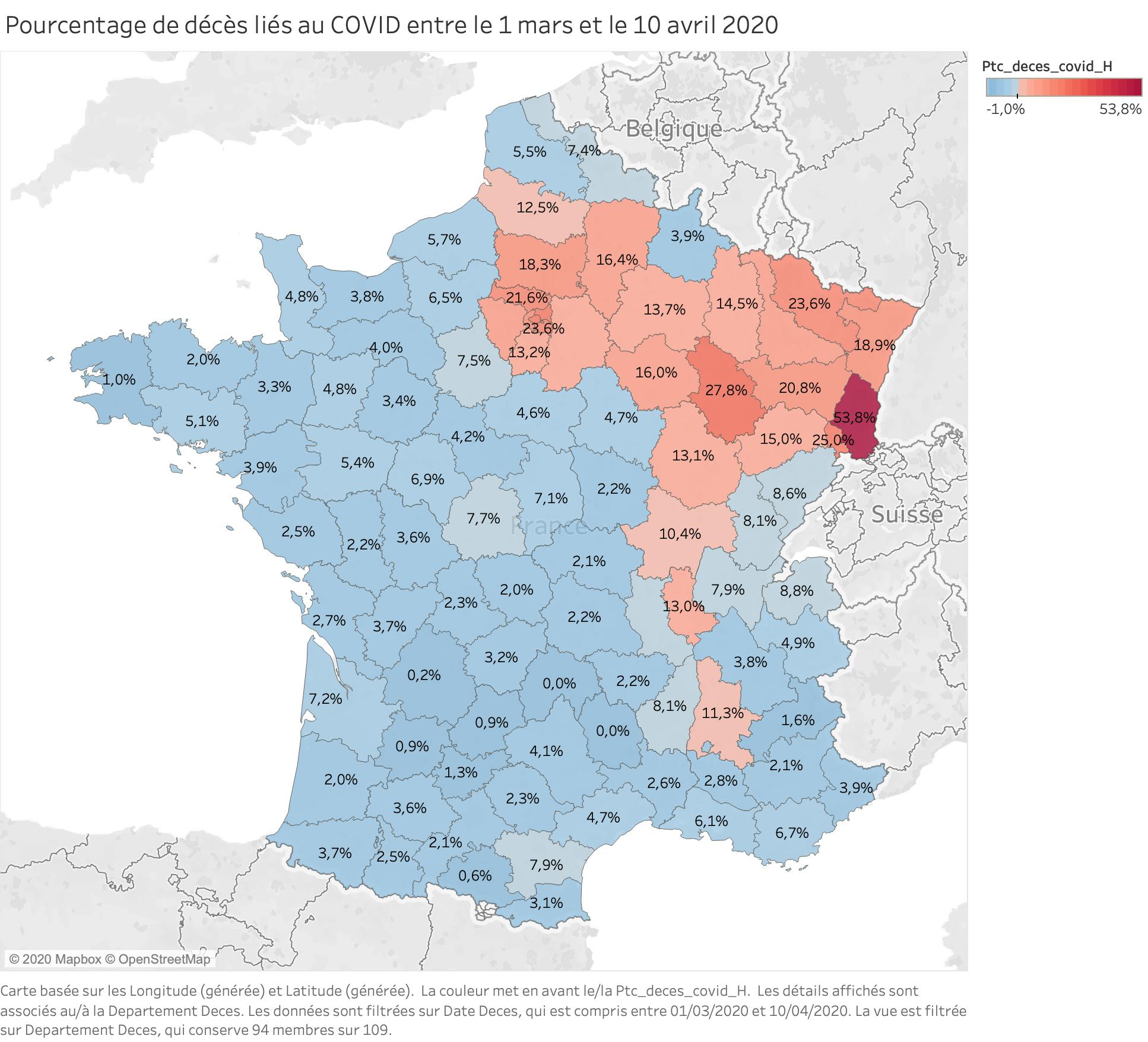 Pourcentage de décès liés au COVID entre le 1 mars et le 10 avril 2020