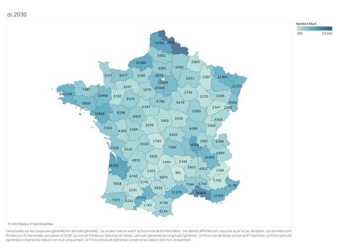 Carte du nombre de décès par département en 2030