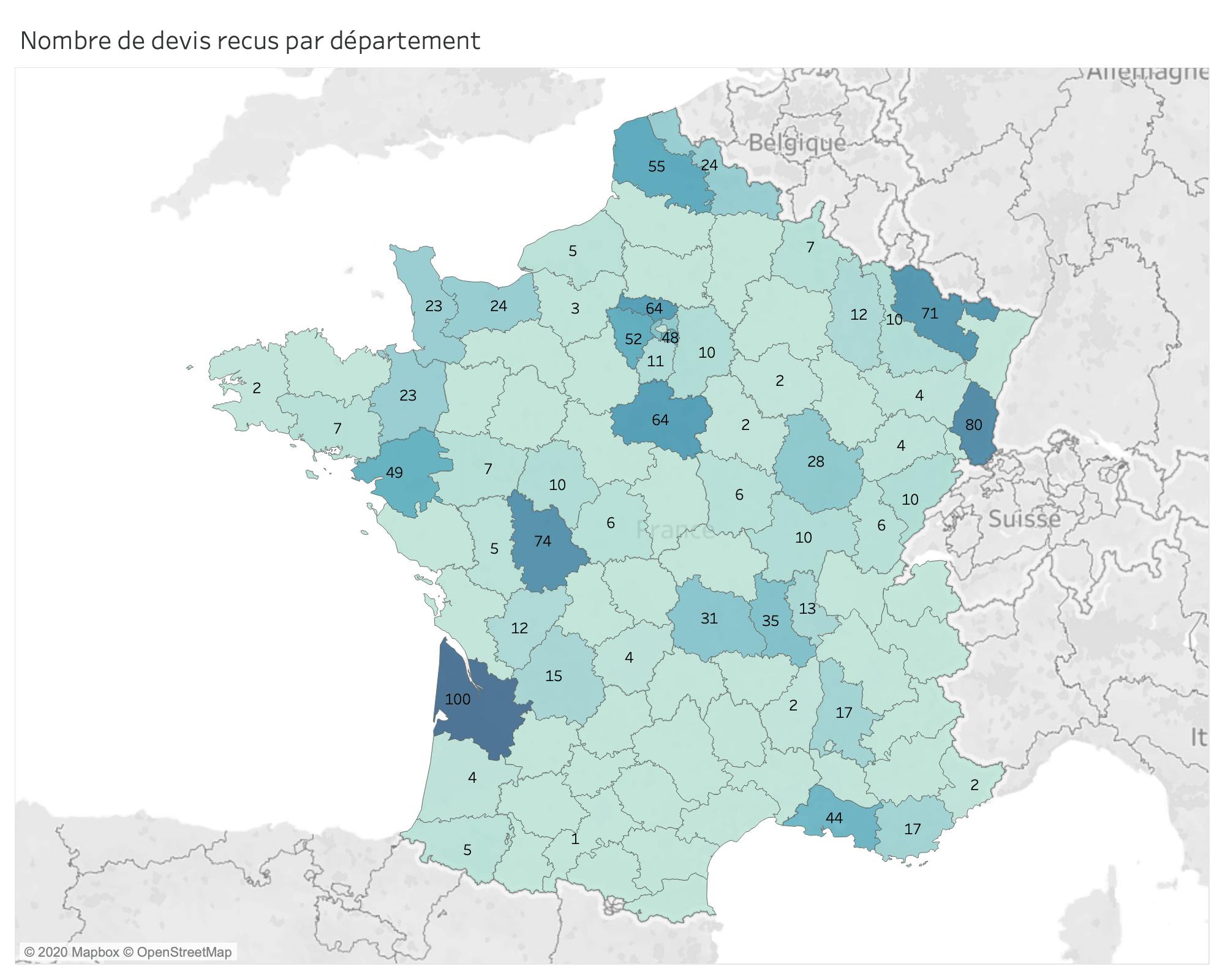 Nombre de devis transmis par département en France - sondage juin 2020