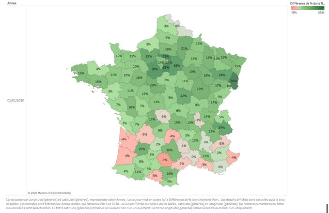 Variation du nombre de décès en France par département entre 2019 et 2030