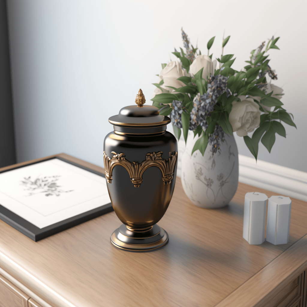 Urne déposée sur une table avec des bougies et des fleurs 