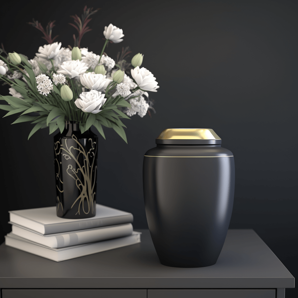 urne noire à côté d'une vase avec fleurs