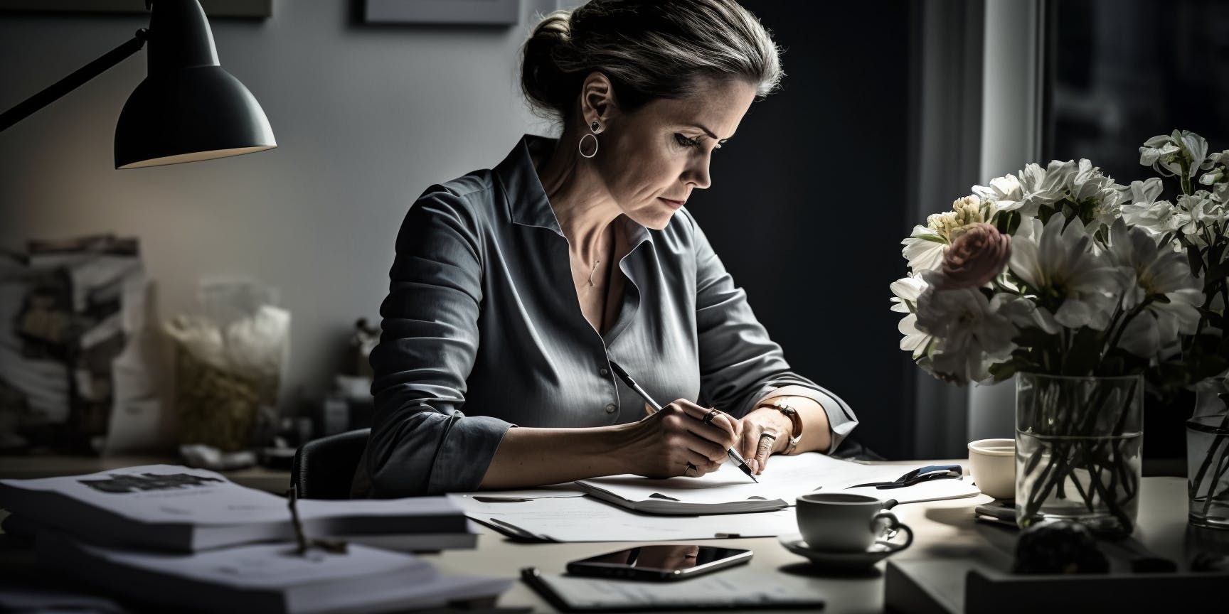 photo d'une femme qui écrit une lettre sur son bureau