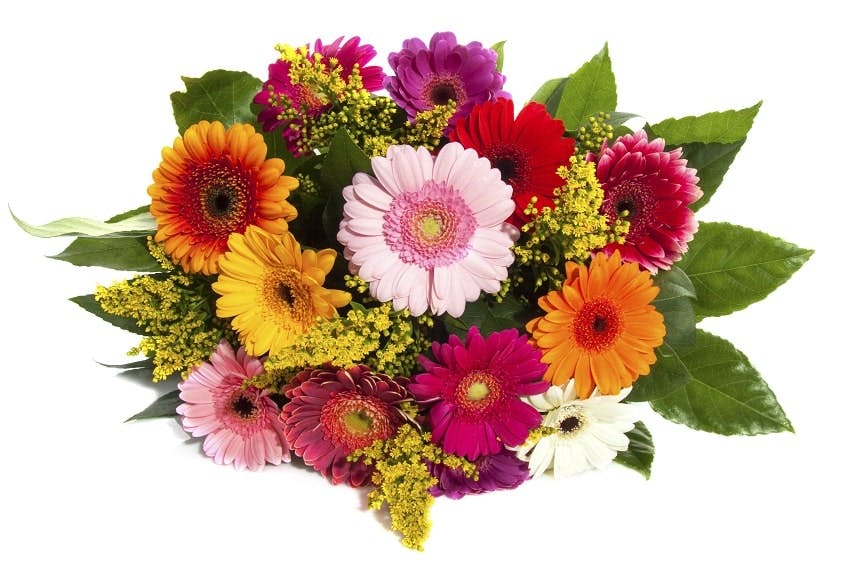 bouquet de deuil avec des fleurs rouges, violettes, jaunes, oranges, blanches
