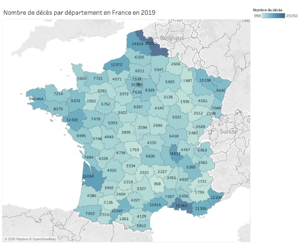 Nombre de décès par département en France en 2019