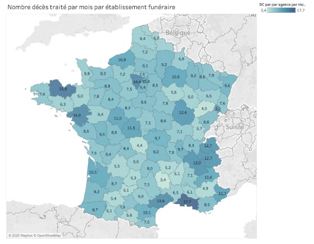 Nombre de décès traités par mois par établissement funéraire