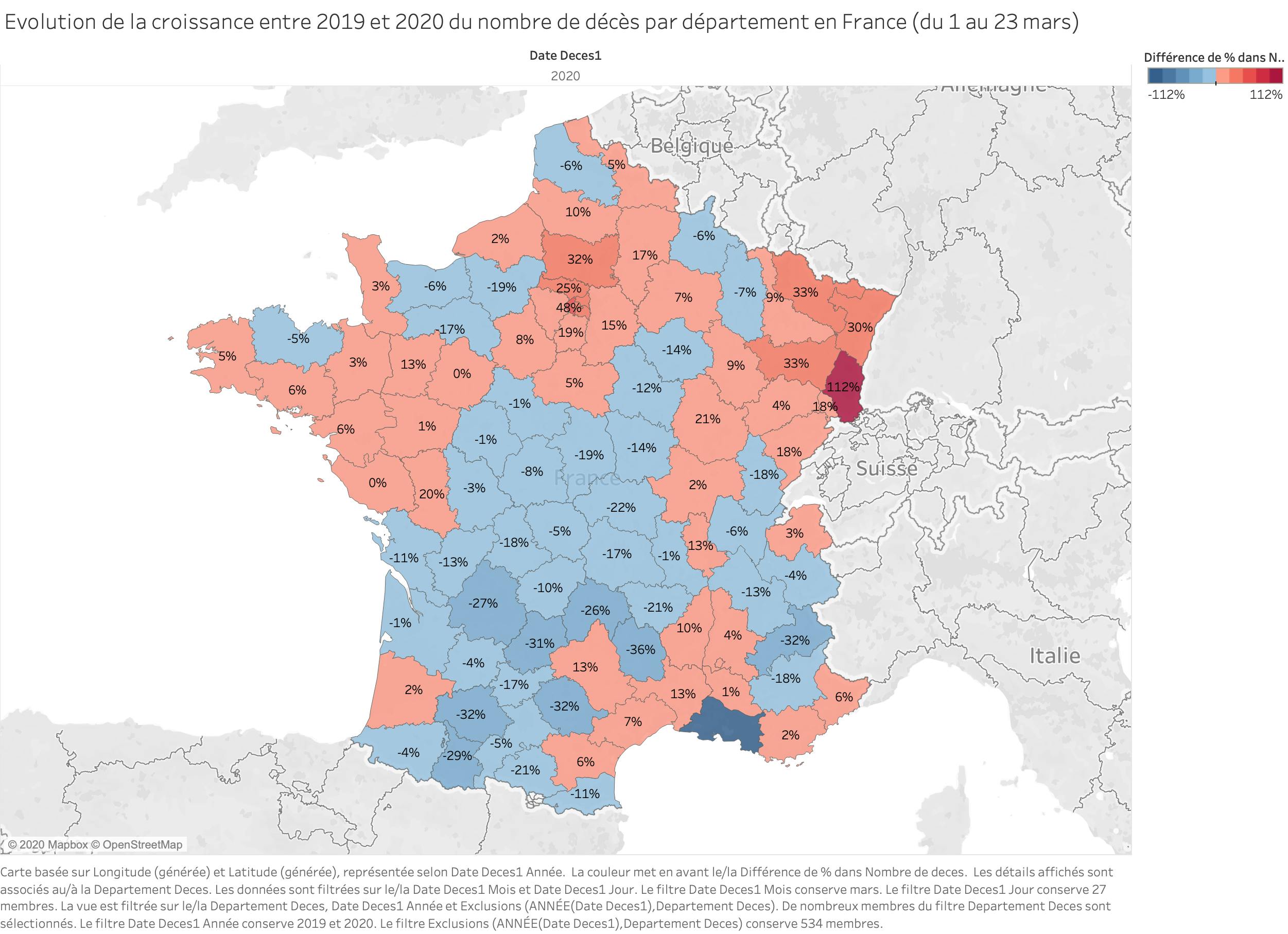 Evolution de la croissance entre 2019 et 2020 du nombre de décès par département en France (du 1 au 27 mars)