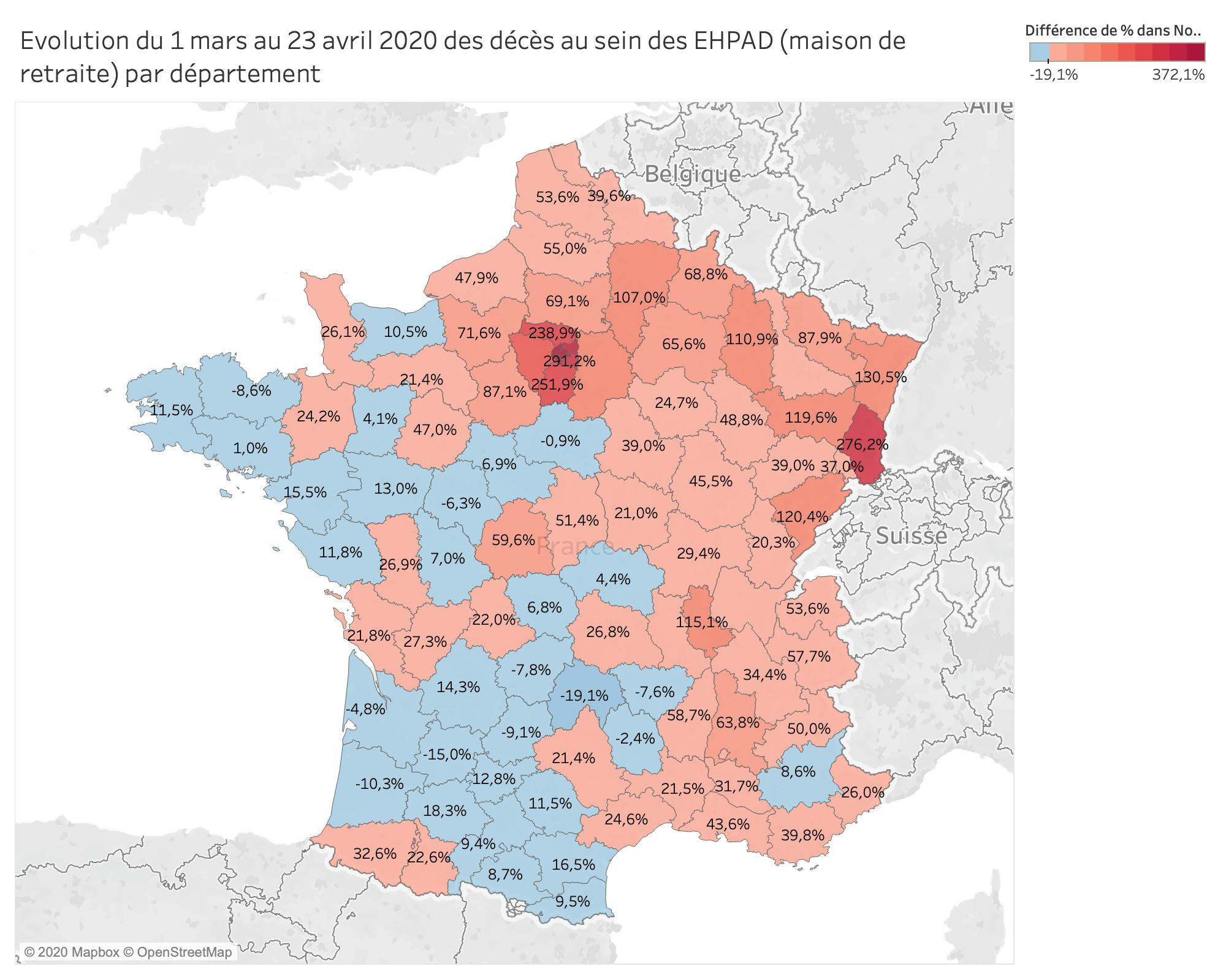 Evolution du 1 mars au 23 avril des décès au sein des EHPAD (maison de retraite) par département
