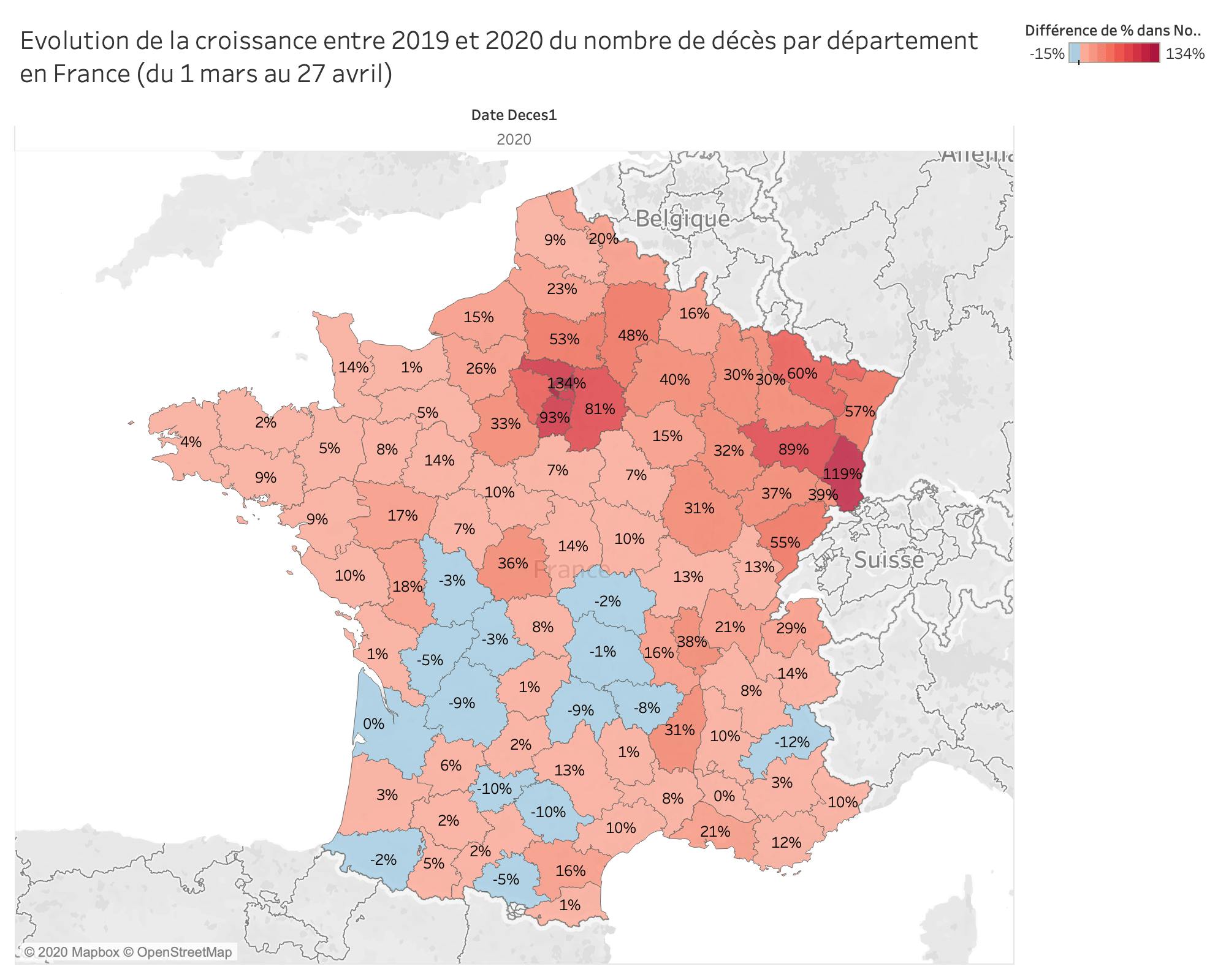 Evolution de la croissance entre 2019 et 2020 du nombre de décès par département en France (du 1 mars au 27 avril)