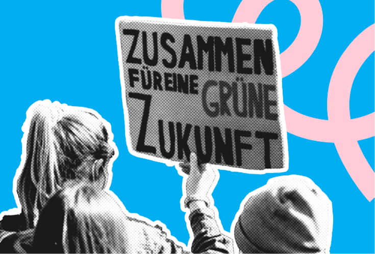 Ein Mädchen hält ein Transparent mit der Aufschrift „Zusammen für eine grüne Zukunft“ hoch.