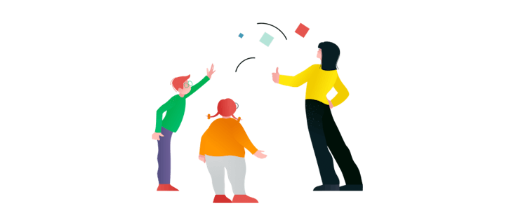 Auf dem Bild spricht eine Lehrerin mit einem Schüler und einer Schülerin.