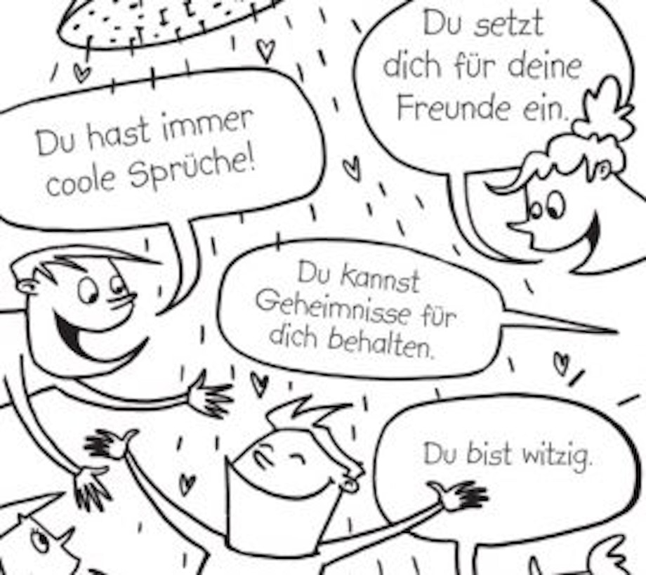 Eine Illustration von fünf Kindern, die unter der Dusche stehen, neben jedem Kind ist eine Sprechblase mit einer positiven Aussage