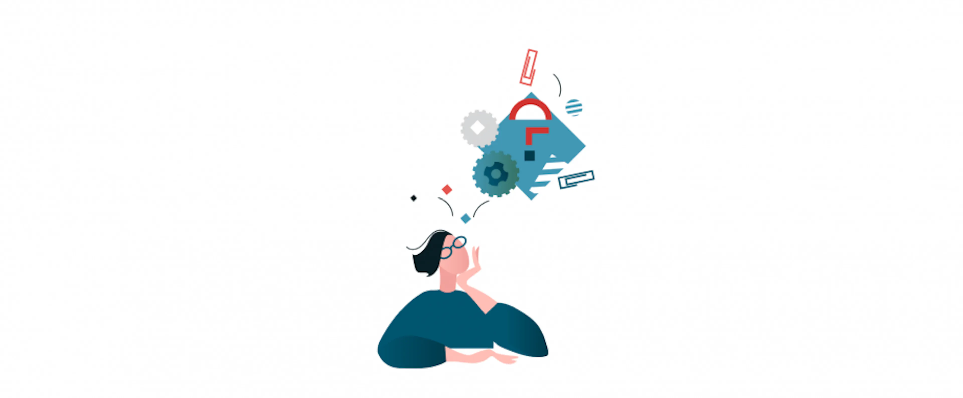 Eine Illustration mit einer Person, die eine Gedankenblase mit verschiedenen Gegenständen über ihrem Kopf hat