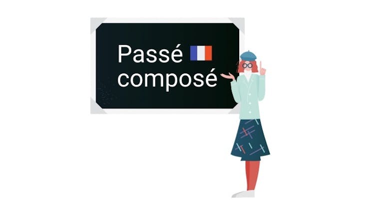 Illustration einer Lehrerin vor einer Tafel mit der Aufschrift Passé composé