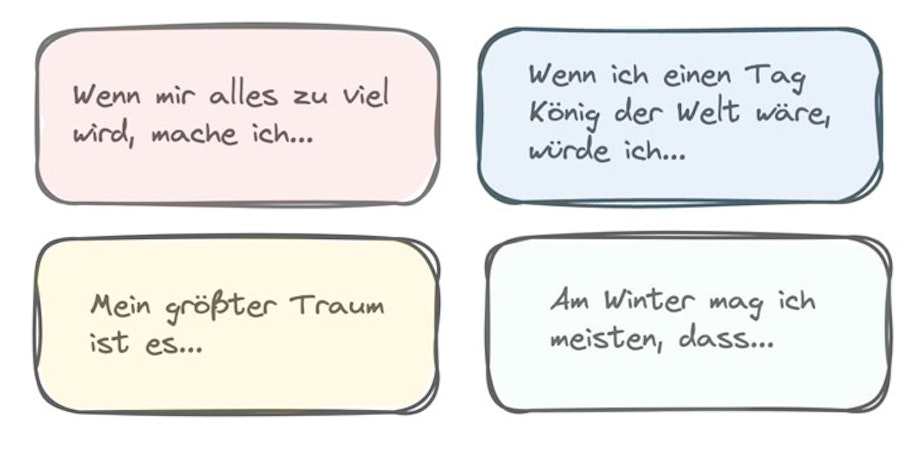 Impulskarten mit Ausdrücken "Am Winter mag ich am meisten, dass" illustrieren das gleichnamige Kennenlernspiel