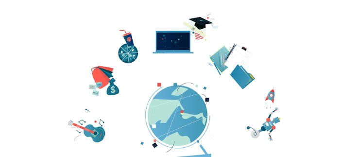 Das Bild zeigt einen Globus um den herum verschiedene Dinge angeordnet sind, die durch die Globalisierung auf der Welt verbreitet werden.