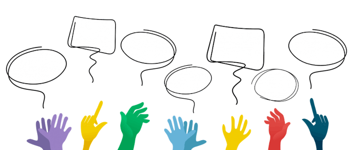 Eine Illustration zeigt verschiedenfarbige Hände, die auf gezeichnete Sprechblasen zeigen.
