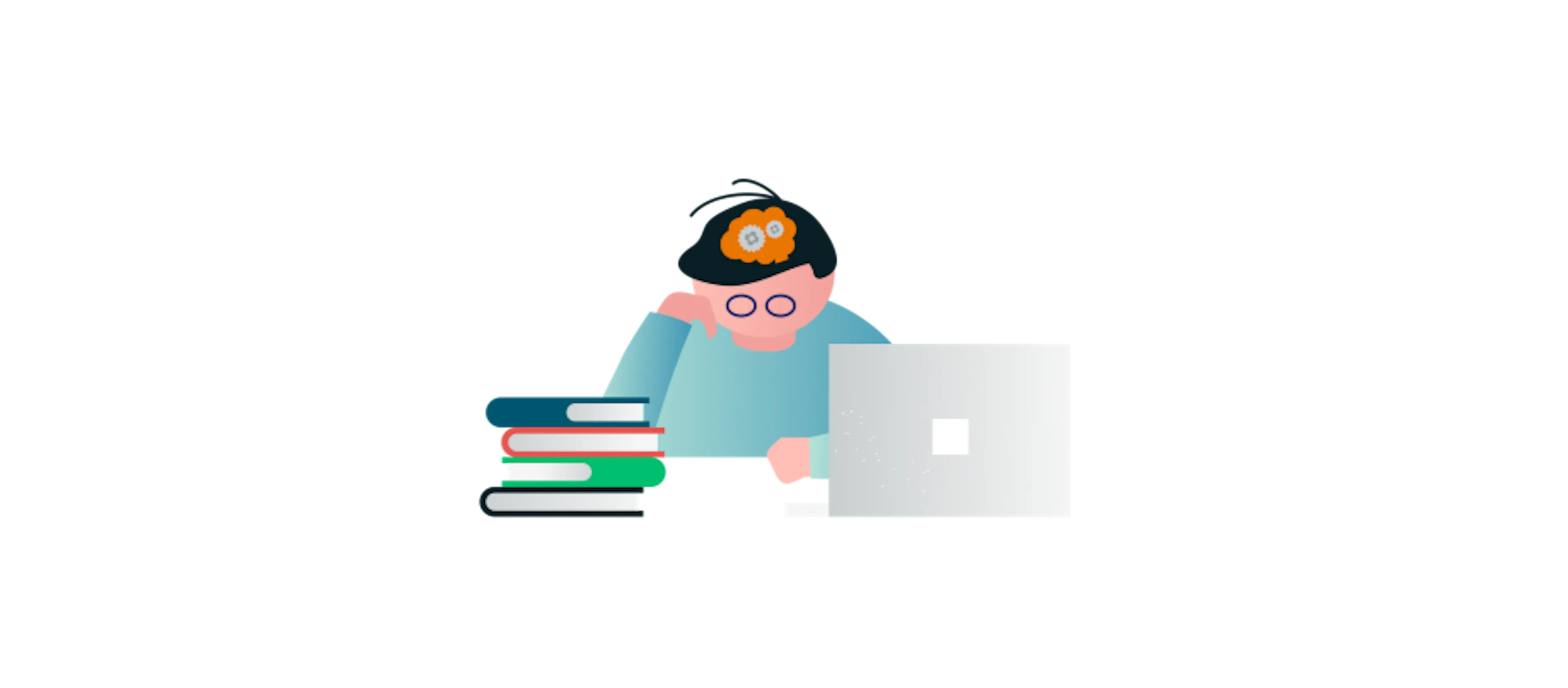 Ein Schüler sitzt konzetriert vor einem Laptop und Büchern – um ihn herum schweben weitere Bücher