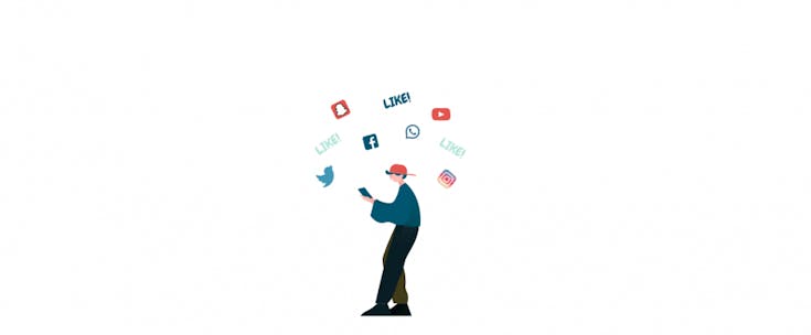 Das Bild zeigt einen Jugendlichen mit einem Smartphone in der Hand. Um seinen Kopf schwirren verschiedene Logos bekannter Apps.