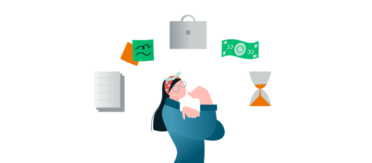 Eine Frau spannt ihren Oberarm an, während verschiedene Objekte über ihr kreisen