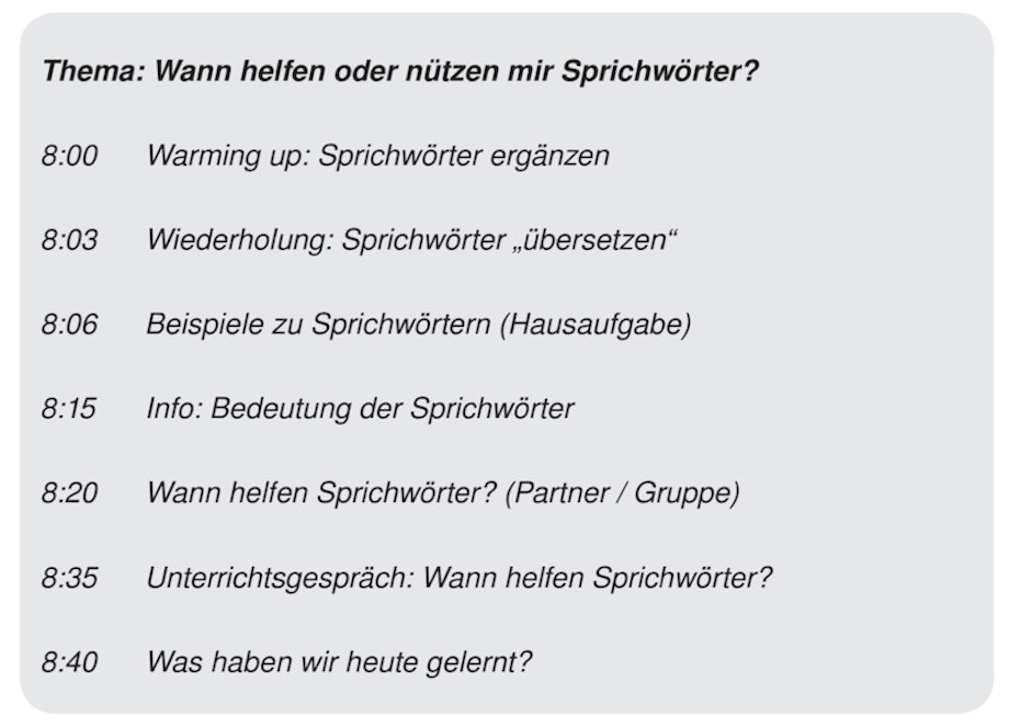 Beispiel eines Stundenprogramms mit dem Unterrichtsthema sowie verschiedenen -phasen