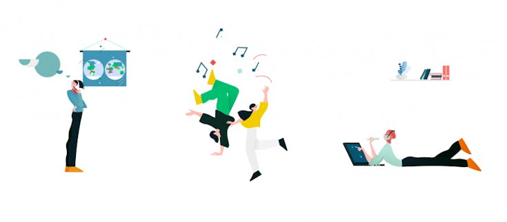 Eine Illustration, auf der eine Frau vor einer Landkarte steht, eine arbeitet mit einem Tablet und zwei Jugendliche tanzen. Das Thema dieses Beitrags ist Freiarbeit im Unterricht.