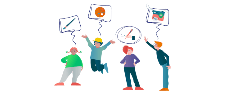 Das Bild zeigt vier SchülerInnen, die über ihre jeweiligen Vorlieben undTalente unterhalten.