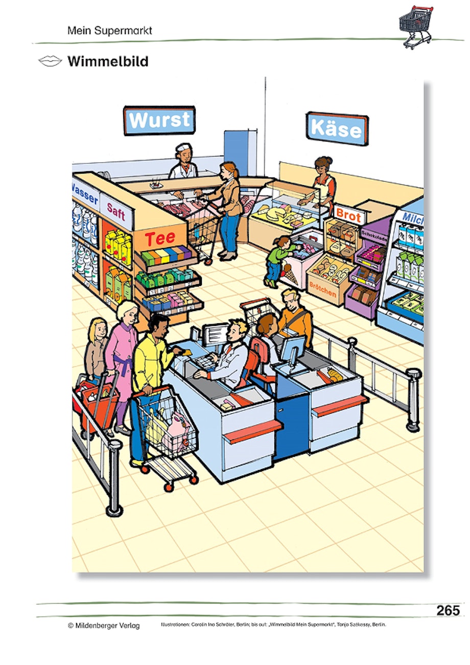 Wortschatz-Arbeitsblatt als Wimmelbild zum Thema „Mein Supermarkt“