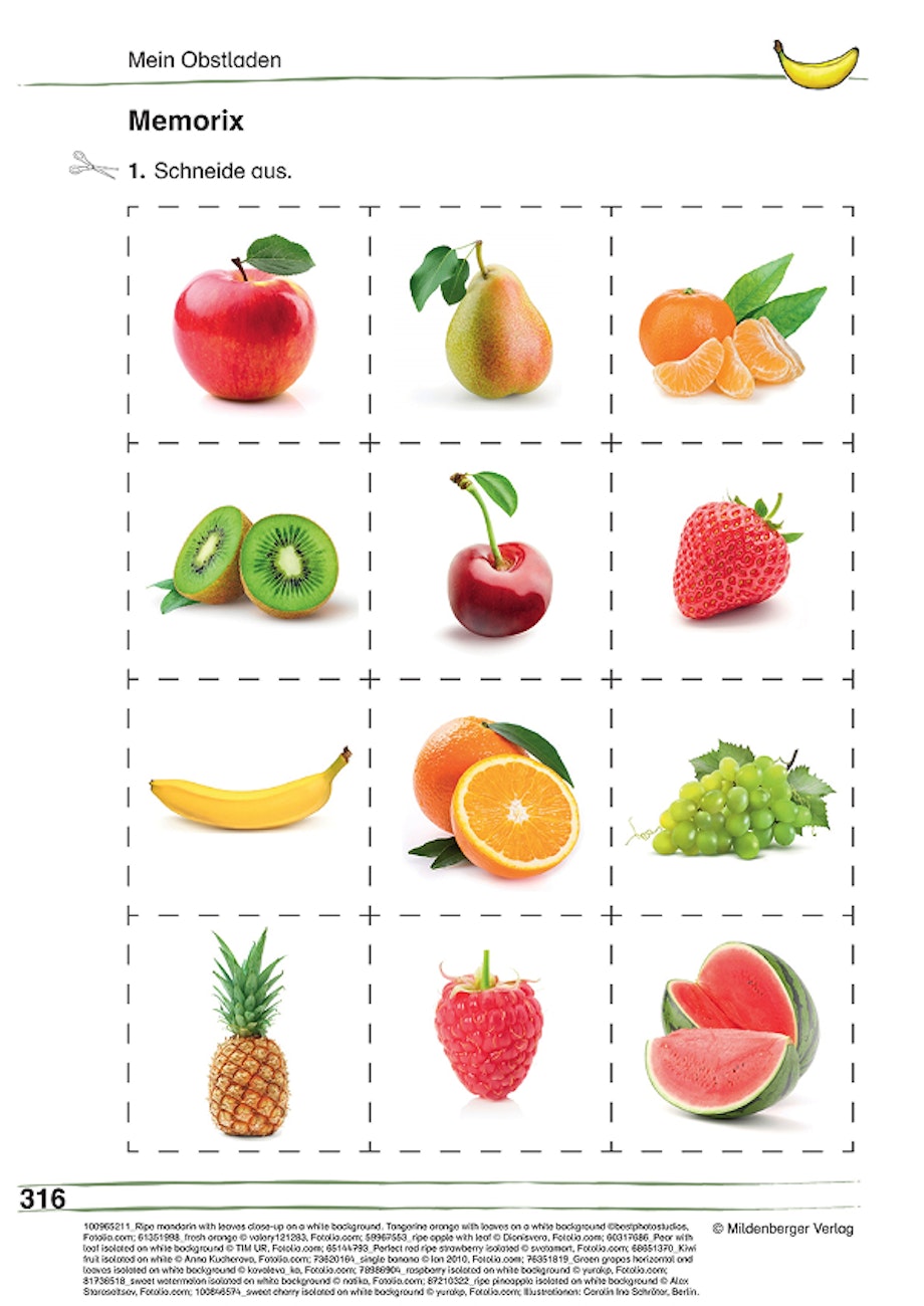Memory-Arbeitsblatt mit Wort-Bild-Karten zum Thema „Mein Obstladen“ für den DaZ-Unterricht
